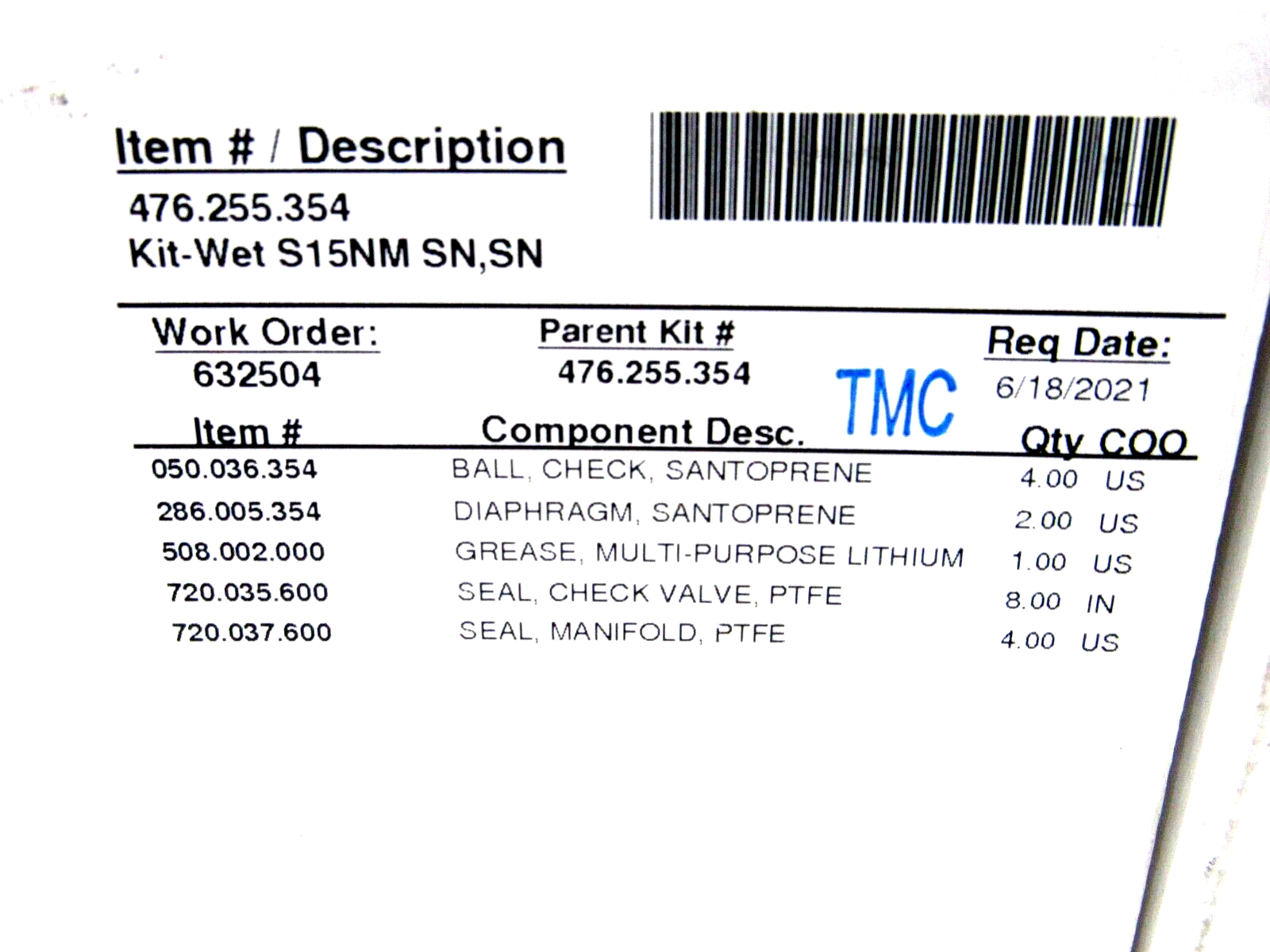NEW SANDPIPER 476.255.354 PUMP REPAIR WET KIT 476255354 - Image 5
