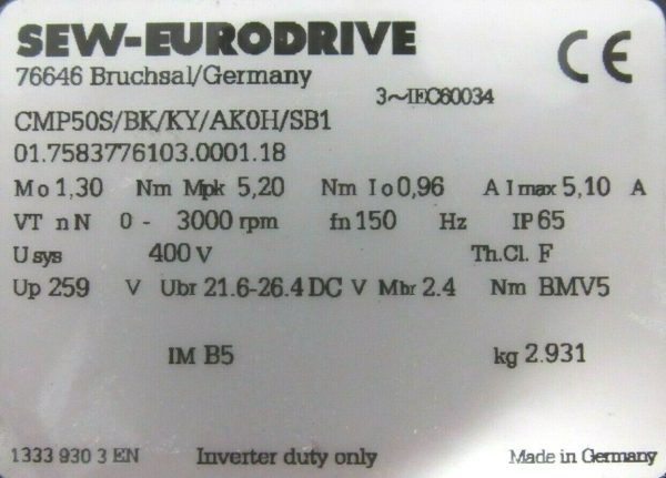 NEW SEW EURODRIVE CMP50S/BK/KY/AK0H/SB1 SERVO MOTOR W/ 13000063 BRAKE CONTROL - Image 5