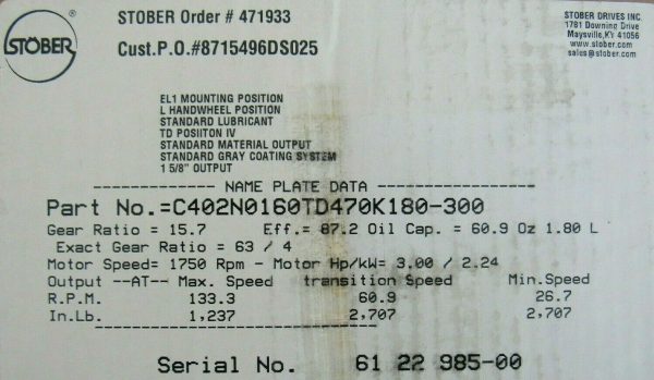 NEW STOBER C402N0160TD470K180-300 SPEED REDUCER RATIO 15.7 - Image 7