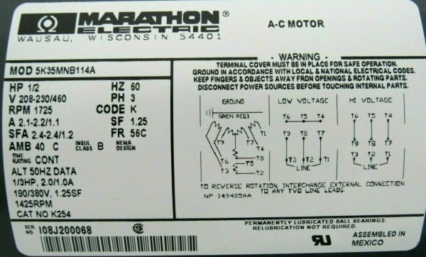 NEW MARATHON 5K35MNB114A MOTOR 1/2HP 208-230/460V 1725RPM 5/8" DIA. - Image 4