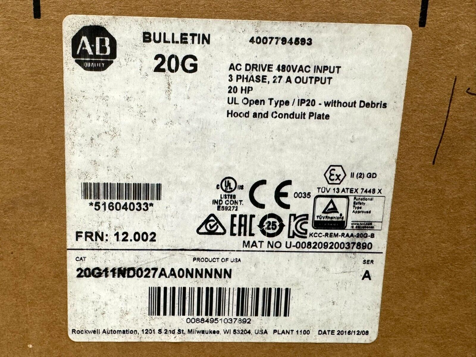 ALLEN BRADLEY 20G11ND027AA0NNNNN POWERFLEX 755 20HP FRN: 12.002 NEW SURPLUS - Image 6