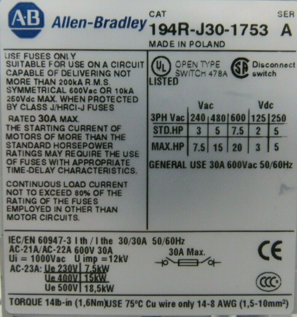 NEW ALLEN BRADLEY 194R-J30-1753 DISCONNECT SWITCH SER A 194RJ301753 - Image 4