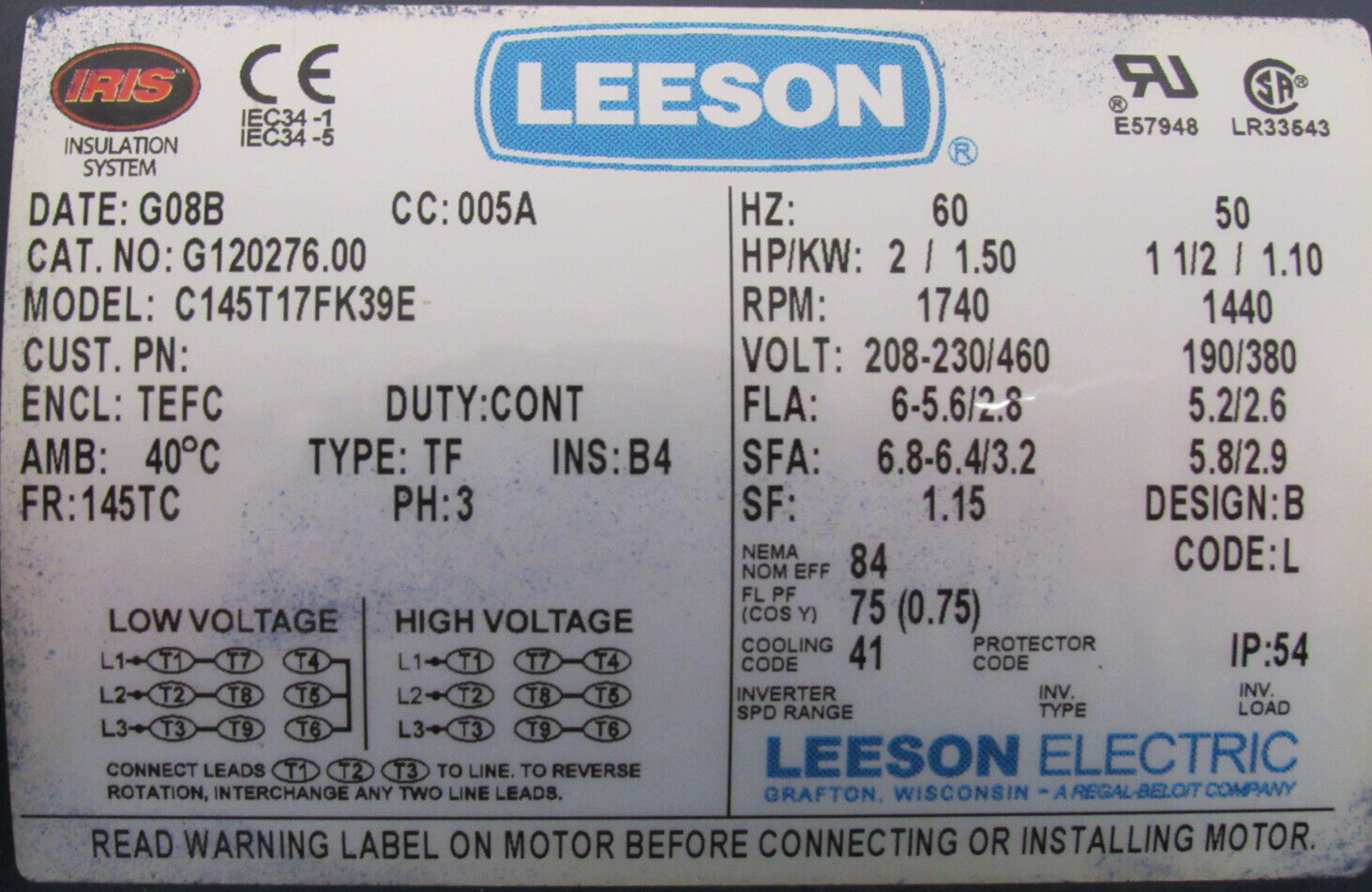 NEW LEESON G120276.00 MOTOR 2HP 208-230/460V C145T17FK39E - Image 5