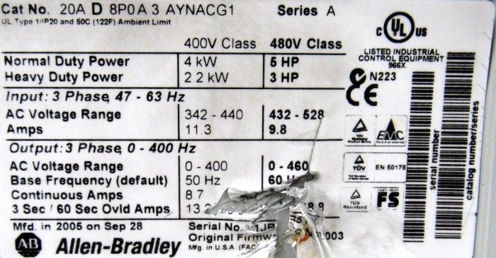 USED ALLEN BRADLEY 20A-D-8P0A-3-AYNACG1 POWERFLEX 70 20AD8P0A3AYNACG1 SERIES A - Image 6