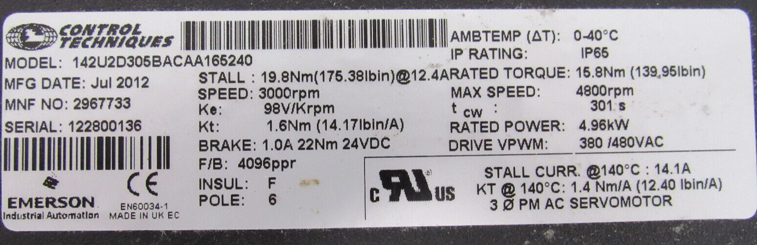 USED CONTROL TECHNIQUES 142U2D305BACAA165240 SERVO MOTOR - Image 4
