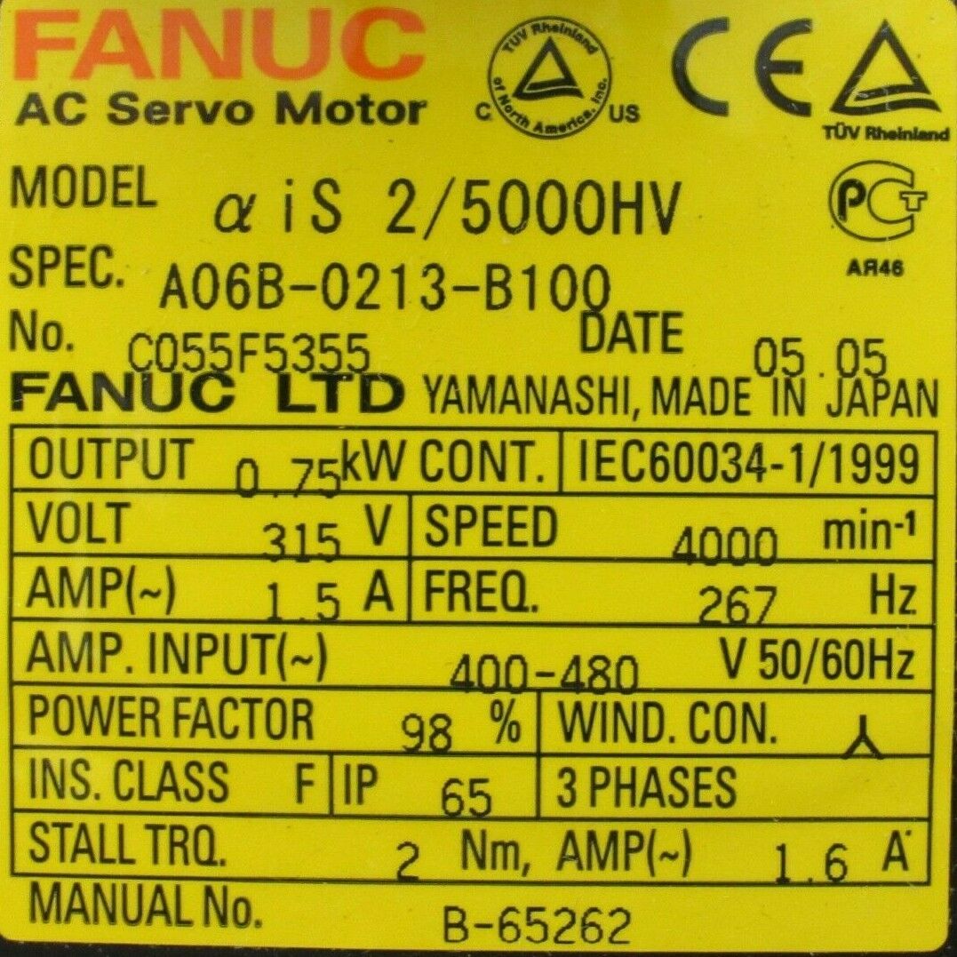USED FANUC A06B-0213-B100 SERVO MOTOR AIS 2/5000HV A06B0213B100 A860-2000-T301 - Image 5