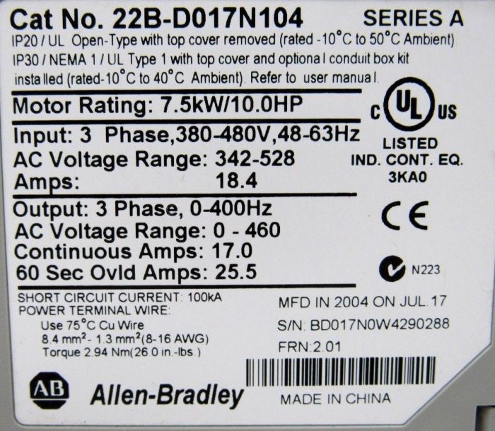 USED ALLEN BRADLEY 22B-D017N104 POWERFLEX 40 SERIES A 7.5KW 10HP 22BD017N104 - Image 5