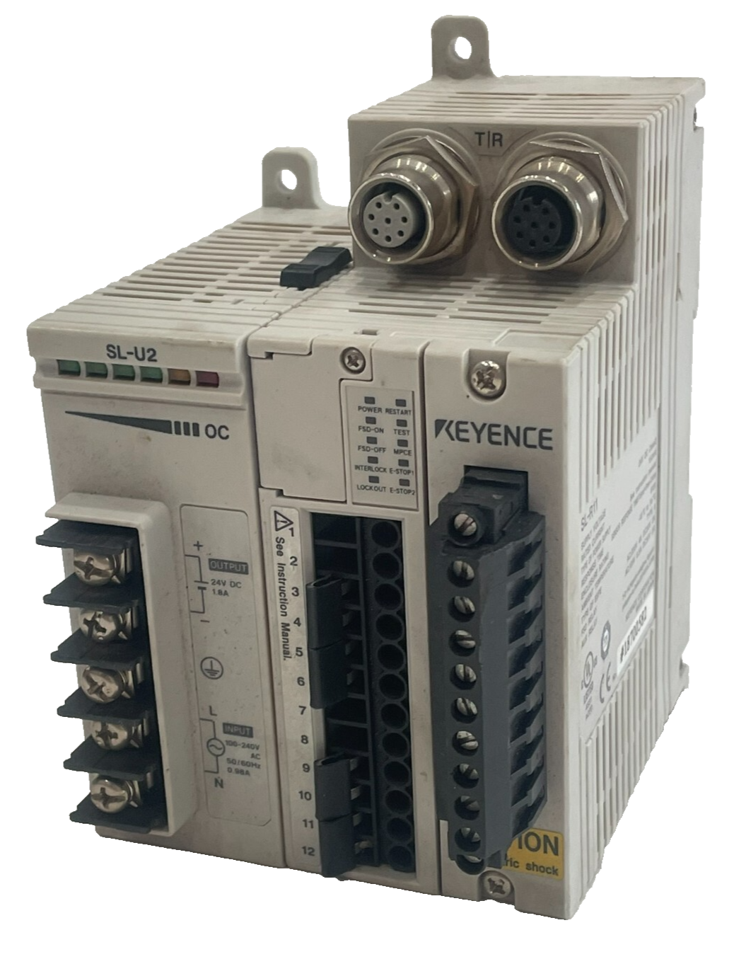 USED KEYENCE SL-R11 SAFETY CONTROL UNIT W/ SL-U2 POWER SUPPLY SLR11