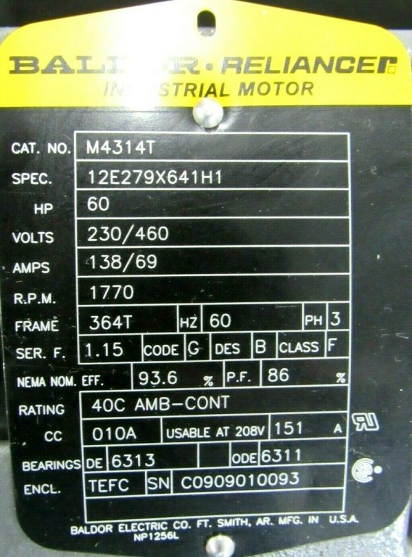 NEW BALDOR RELIANCE M4314T MOTOR 60HP 230/460V 12E279X641H1 1770 RPM - Image 6