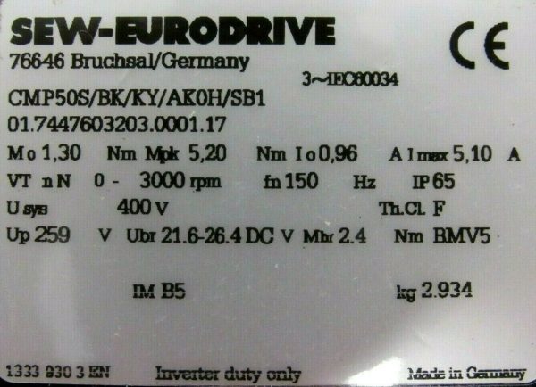 NEW SEW EURODRIVE CMP50S/BK/KY/AK0H/SB1 SERVO MOTOR CMP50SBKKYAK0HSB1 - Image 4