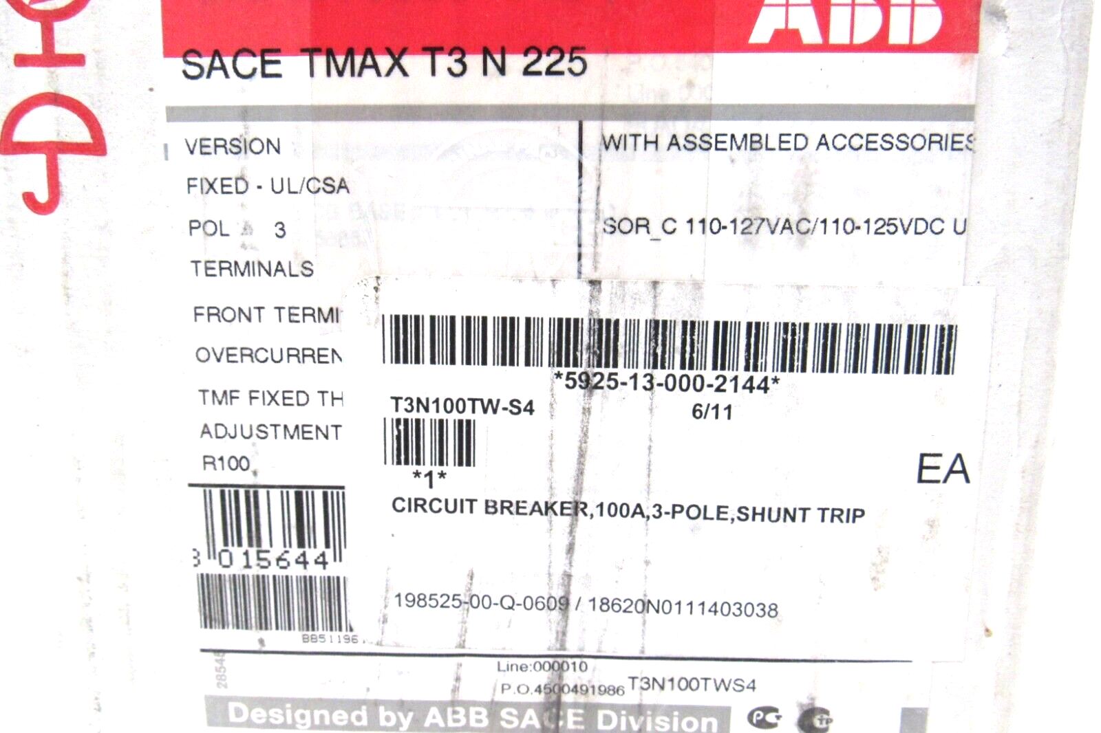 NEW ABB T3N100TWS4 CIRCUIT BREAKER SACE TMAX T3 N 225 100A 3 POLE - Image 3
