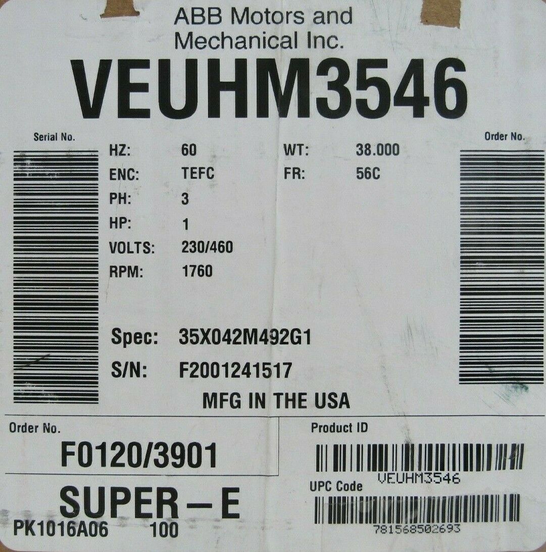 NEW ABB VEUHM3546 MOTOR 1HP 230/460V 1760RPM 35X042M492G1 - Image 3