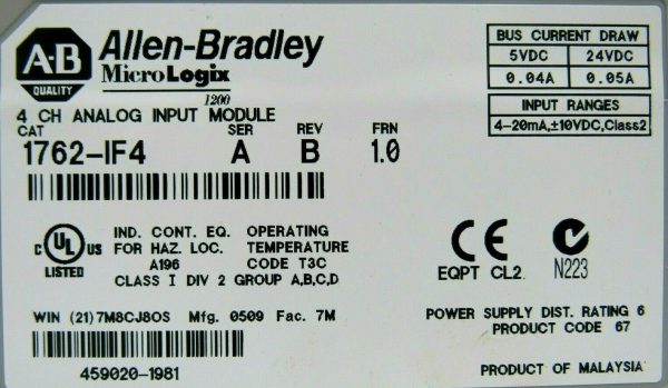 NEW ALLEN BRADLEY 1762-IF4 MICROLOGIX INPUT MODULE SER A REV B FRN 1.0 1762IF4 - Image 4