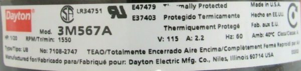 NEW DAYTON 3M567A MOTOR 1/20HP 1550HP 115V SHAFT 3/8"x2" - Image 4