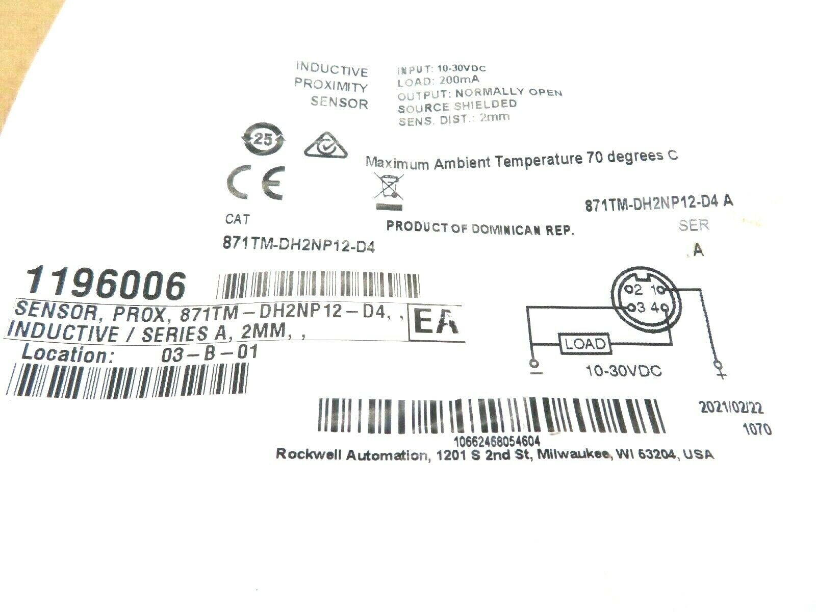 NEW ALLEN BRADLEY 871TM-DH2NP12-D4 INDUCTIVE SENSOR SERIES A 871TMDH2NP12D4 - Image 3