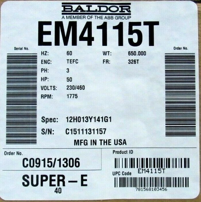 NEW BALDOR EM4115T ELECTRIC MOTOR 50HP 60HZ 230/460V 3 PH 1775 RPM 12H013Y141G1 - Image 5