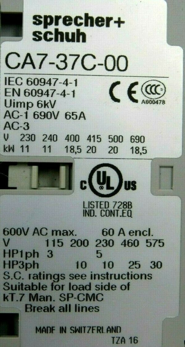 NEW SPRECHER+SCHUH CA7-37C-00 CONTACTOR 24VDC CA737C00 - Image 4