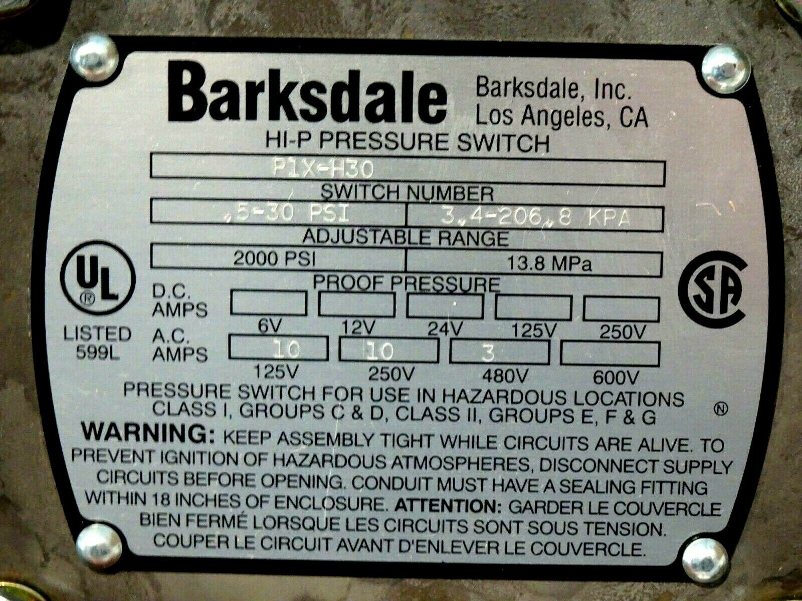 NEW BARKSDALE P1XH30 HIP PRESSURE SWITCH P1XH30 SB Industrial