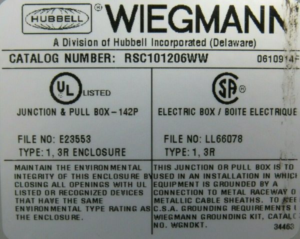 NEW HUBBELL WIEGMANN RSC101206WW JUNCTION BOX 13A912 - Image 4