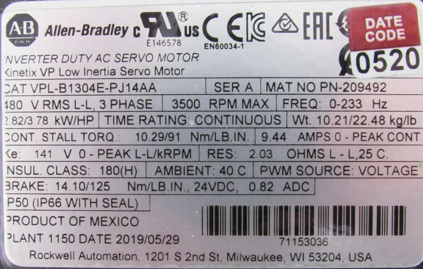 REFURBISHED ALLEN BRADLEY VPL-B1304E-PJ14AA SERVO MOTOR VPLB1304EPJ14AA SER.A - Image 4