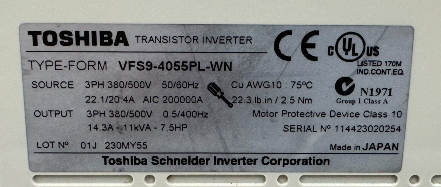 USED TOSHIBA VFS9-4055PL-WN TRANSISTOR INVERTER DRIVE 7.5HP - Image 6