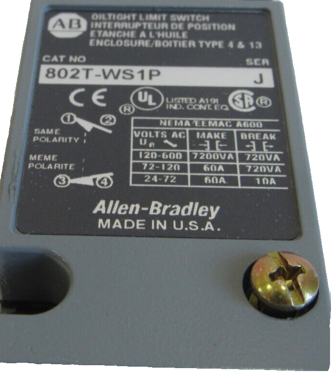 ALLEN BRADLEY 802T-WS1P LIMIT SWITCH SER. J 802TWS1P NEW, SURPLUS