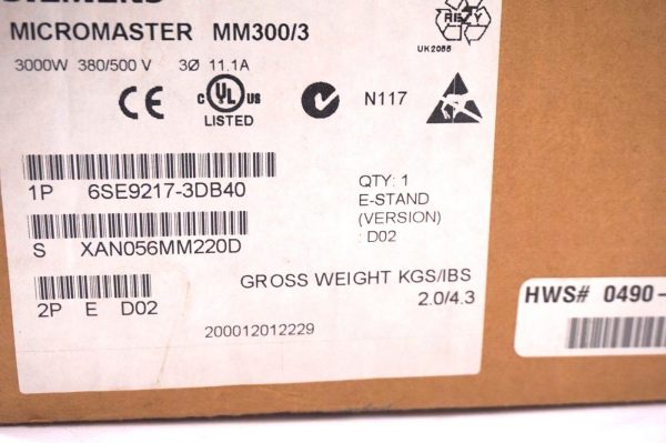 NEW SIEMENS 6SE9217-3DB40 MICROMASTER DRIVE MM300/3 VERSION D02 6SE92173DB40 - Image 4
