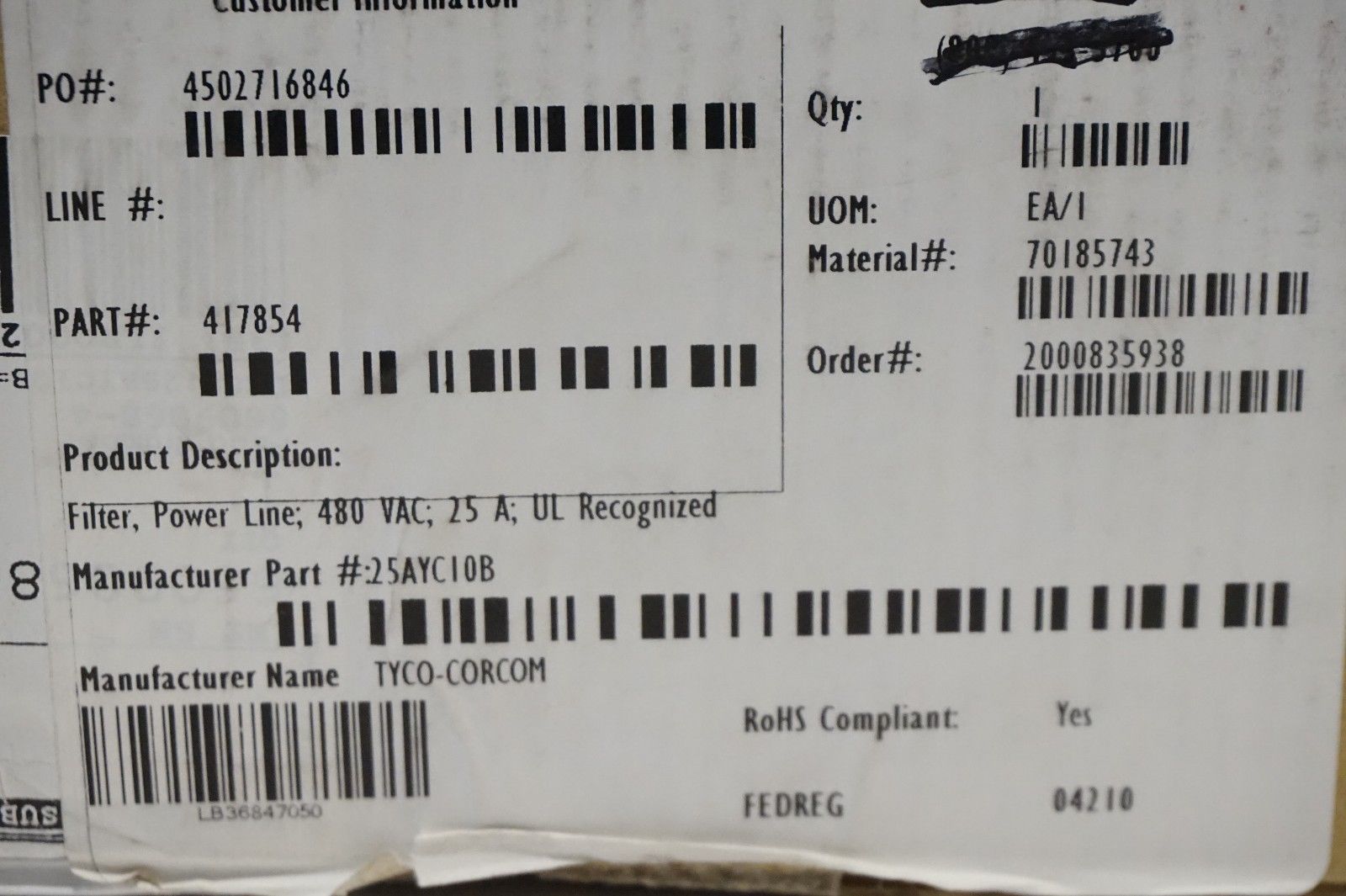 NEW TYCO CORCOM 25AYC10B EMI FILTER - Image 4