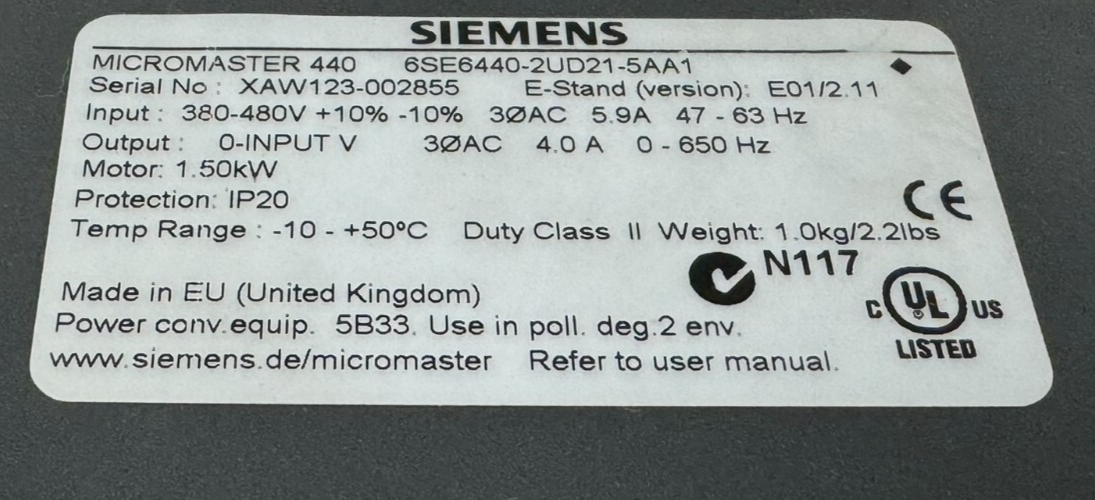 USED SIEMENS 6SE6440-2UD21-5AA1 MICROMASTER 440 DRIVE - Image 6