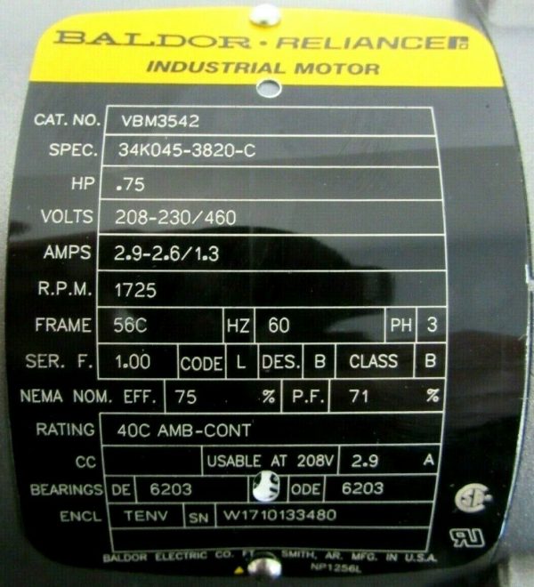 NEW BALDOR VBM3542 BRAKE MOTOR 3/4HP 208-230/460V 34K045-3820-C 48BK7101BP 5/8" - Image 4