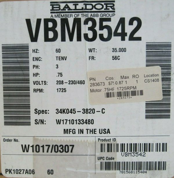 NEW BALDOR VBM3542 BRAKE MOTOR 3/4HP 208-230/460V 34K045-3820-C 48BK7101BP 5/8" - Image 6