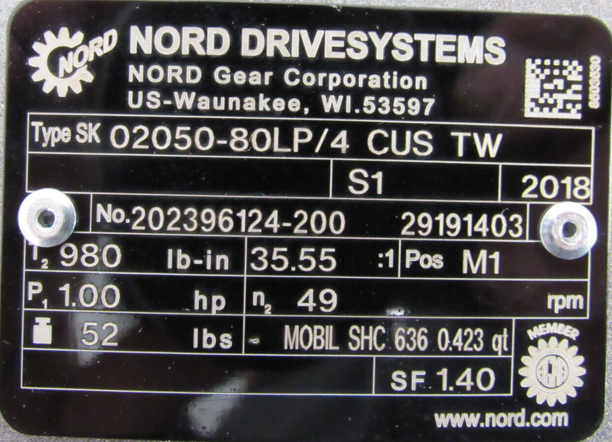 NEW NORD SK02050-80LP/4 CUS TW GEARMOTOR 35.55:1 1HP SK80LP CUS TW - Image 5