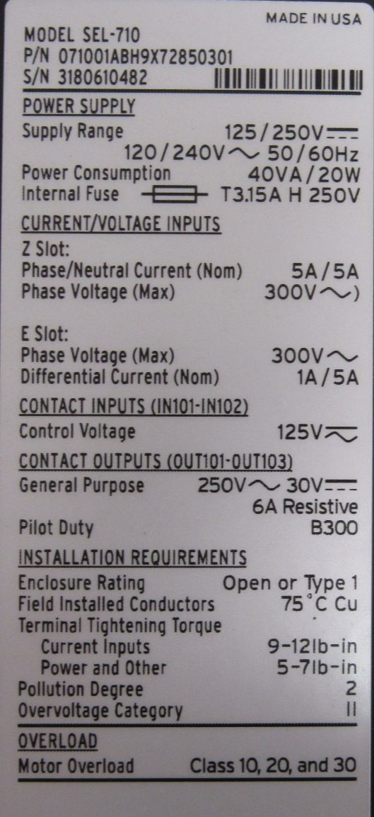 Sel 710 In Wall NEW SCHWEITZER SEL-710 MOTOR PROTECTION RELAY 071001ABH9X72850301 ...