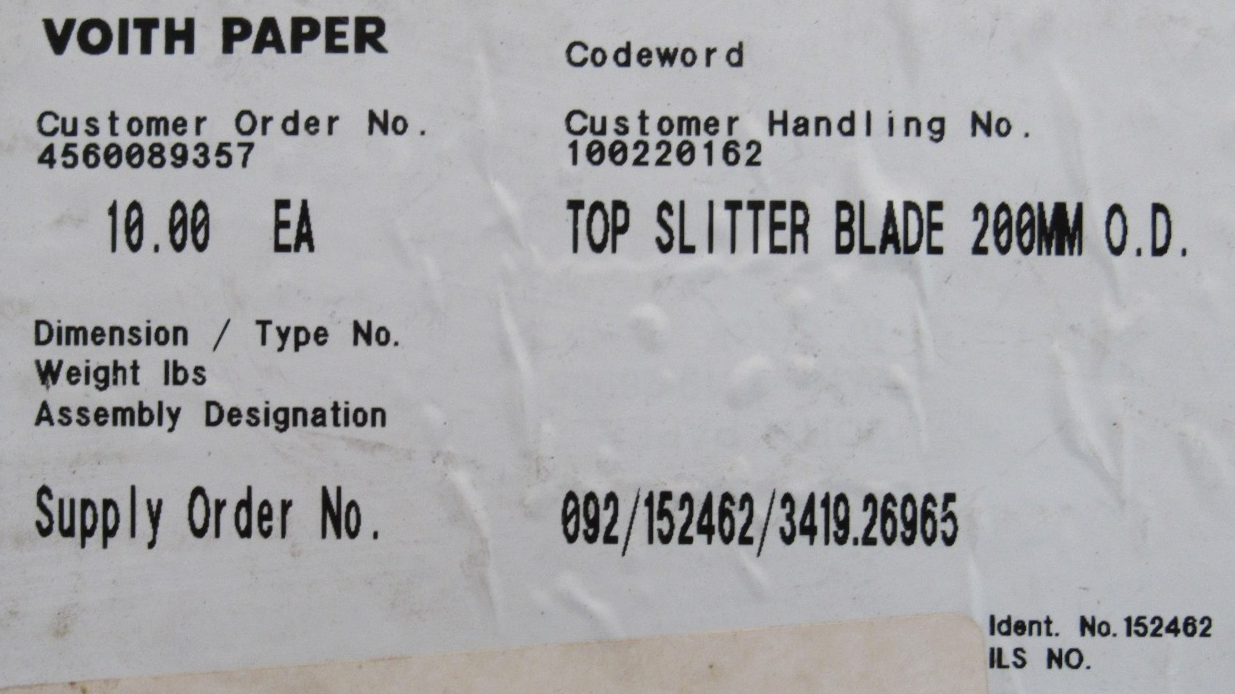 NEW BOX OF 10 VOITH PAPER 3419.26965 TOP SLITTER BLADE 200MM O.D. 152462 - Image 4
