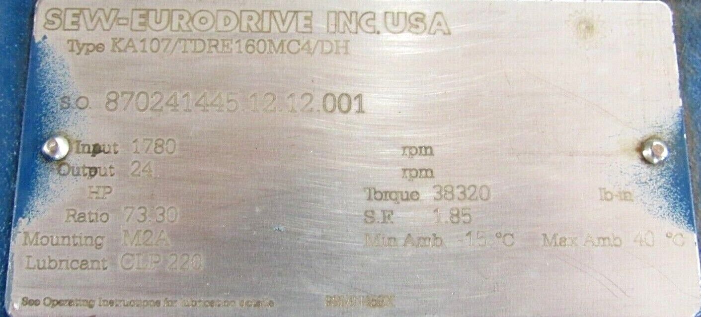 NEW SEW EURODRIVE KA107/TDRE160MC4/DH GEARMOTOR 73.39:1 15HP DRE160MC4/DH - Image 5
