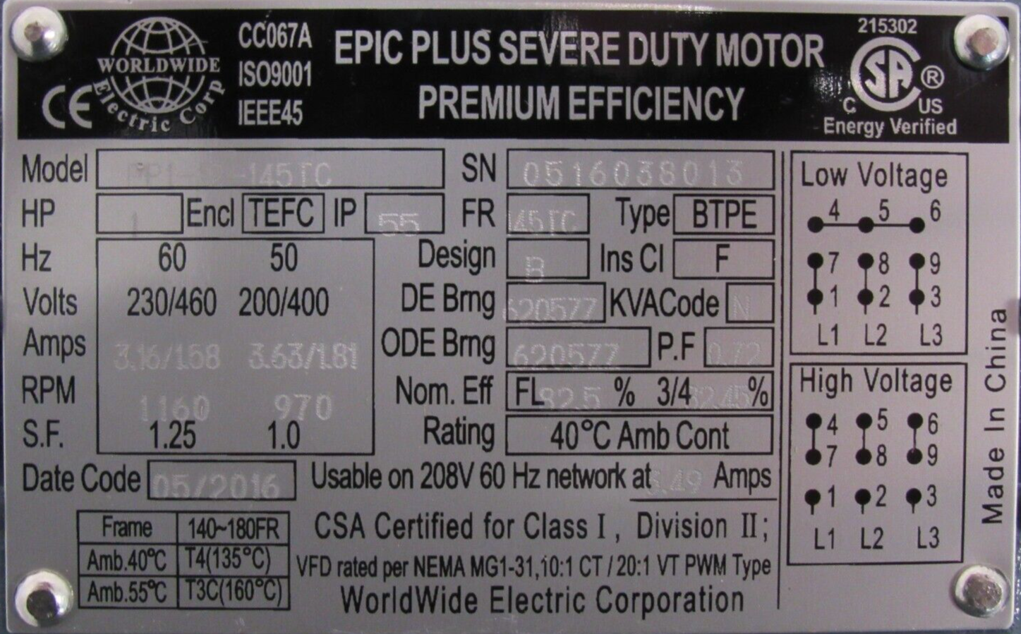 NEW WORLD WIDE ELECTRIC FP1-12-145TC SEVERE DUTY MOTOR 1HP 230/460V FP112145TC - Image 5