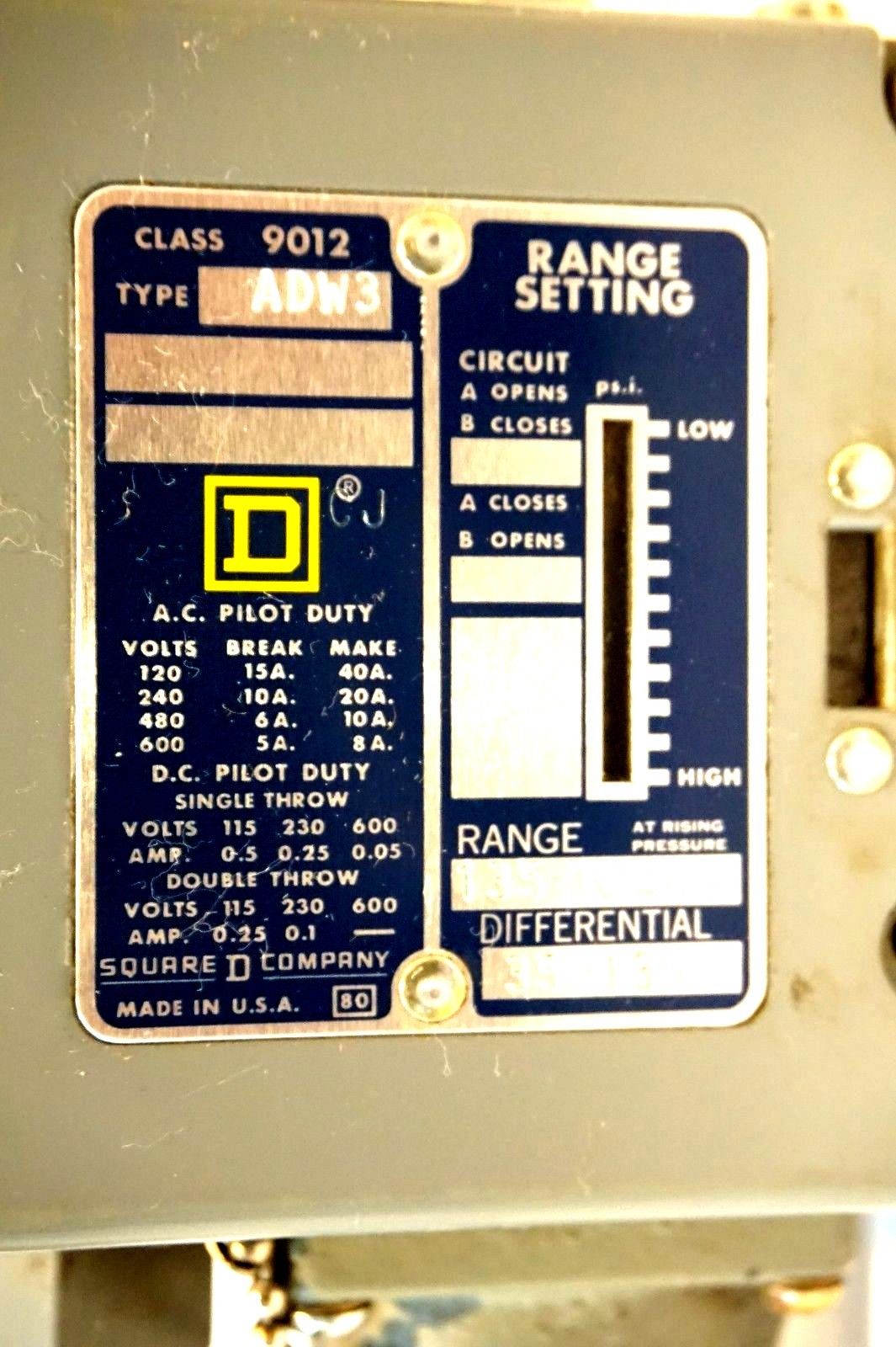 USED SQUARE D 9012-ADW3 PRESSURE SWITCH 9012ADW3 - Image 3