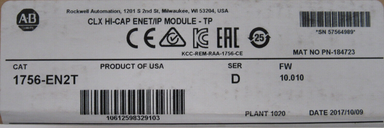 ALLEN BRADLEY 1756-EN2T COMMUNICATION MODULE SER D FW10.010 1756EN2T ...