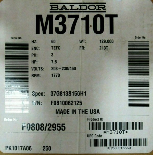NEW BALDOR M3710T MOTOR 7.5HP 208-230/460V 1770RPM 213T 37G813S150H1 1-3/8" DIA. - Image 5