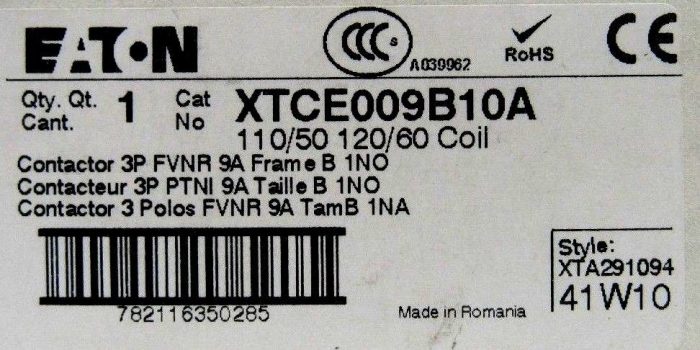 NEW EATON XTCE009B10A CONTACTOR 3P FVNR 9A FRAME B 1NO - Image 3