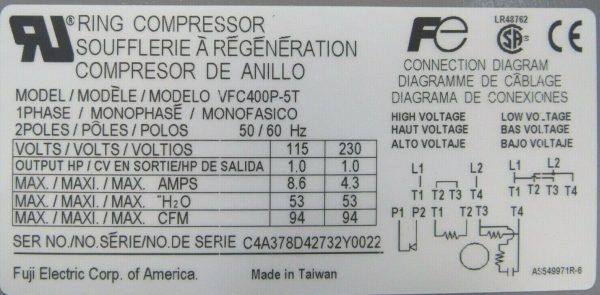 NEW FUJI ELECTRIC VFC400P-5T REGENERATIVE BLOWER 1HP 115/230V VFC400P5T - Image 5