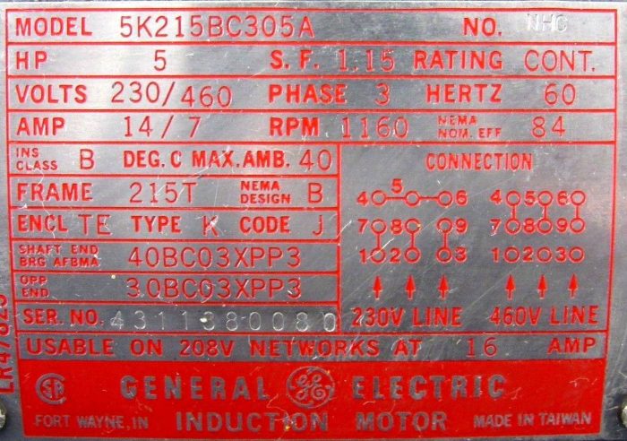 NEW GENERAL ELECTRIC 5K215BC305A MOTOR NHC 5HP 230/460V 1160 RPM - Image 5
