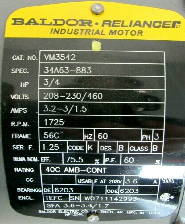 NEW BALDOR VM3542 3/4HP 208-230/460V 1725RPM 56C 34A63-883 5/8" DIA. - Image 4