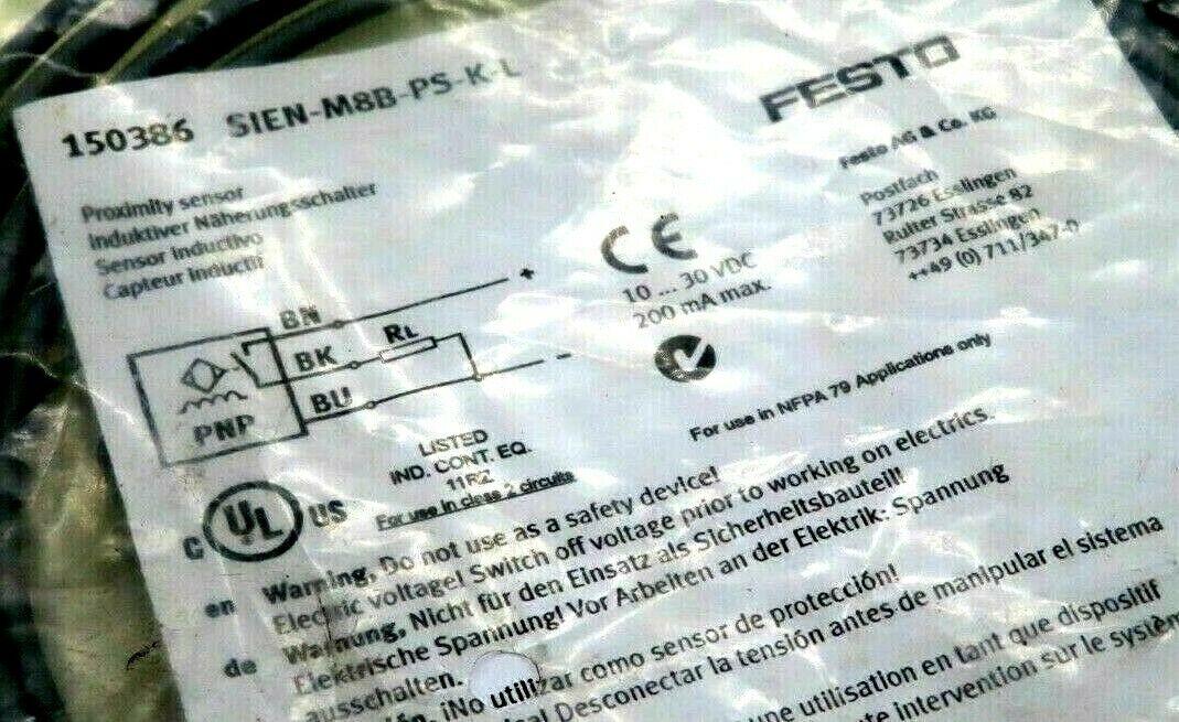 NEW FESTO SIEN-M8B-PS-K-L PROXIMITY SENSOR 150386 SIENM8BPSKL - SB ...