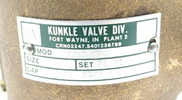 NEW KUNKLE 6010-GF01 SAFETY VALVE 75 PSIG 6010GF01 - Image 6