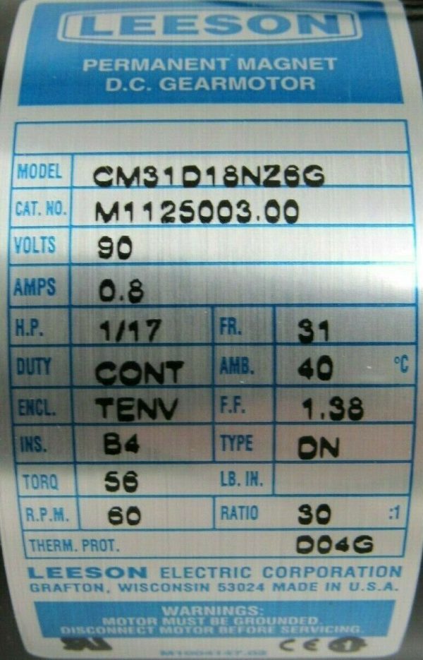 NEW LEESON M1125003.00 GEARMOTOR 1/17HP 90VDC 30:1 CM31D18NZ6G - Image 5