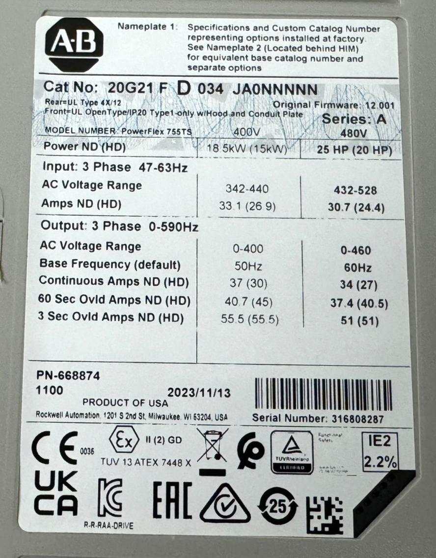 ALLEN BRADLEY 20G21FD034JA0NNNNN POWERFLEX 755TS SER. A 25HP UNUSED SURPLUS - Image 5