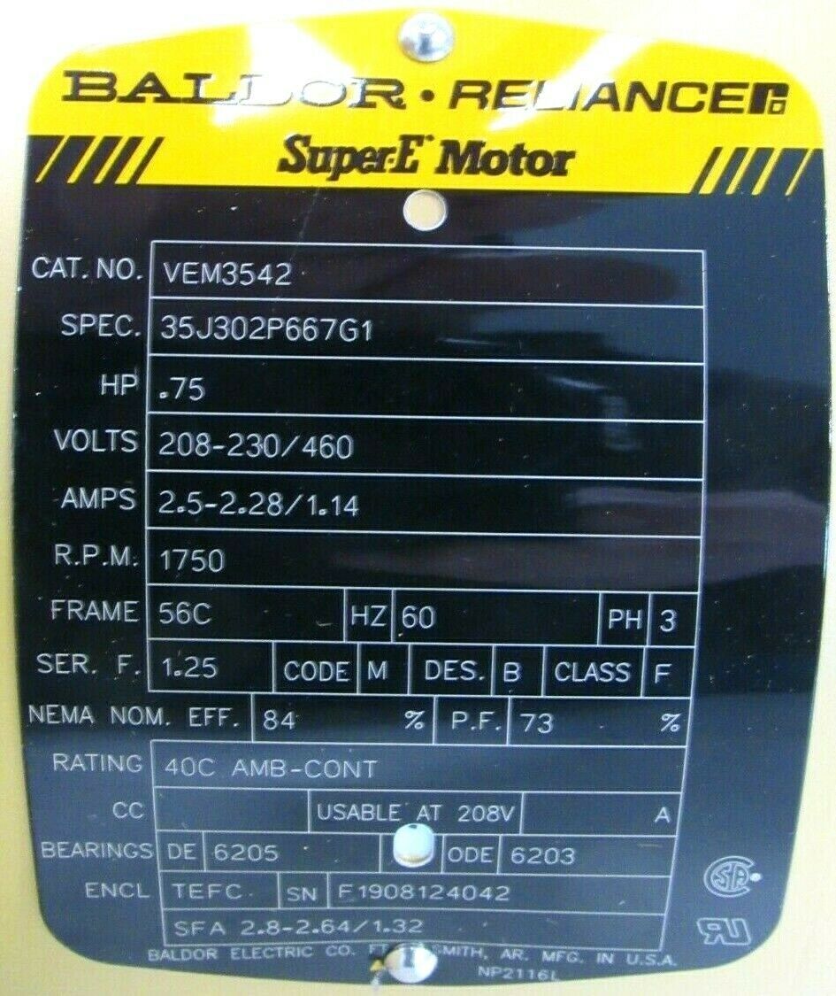 NEW BALDOR VEM3542 MOTOR 3/4HP 208-230/460V 1750RPM 5/8" DIA. - Image 4