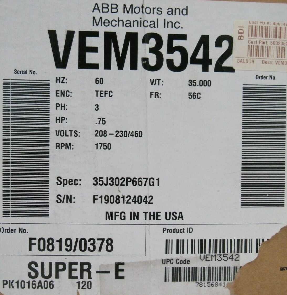 NEW BALDOR VEM3542 MOTOR 3/4HP 208-230/460V 1750RPM 5/8" DIA. - Image 5