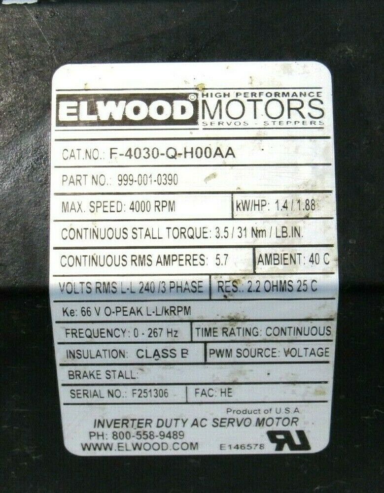 USED ELWOOD F-4030-Q-H00AA SERVO MOTOR F4030QH00AA - Image 4